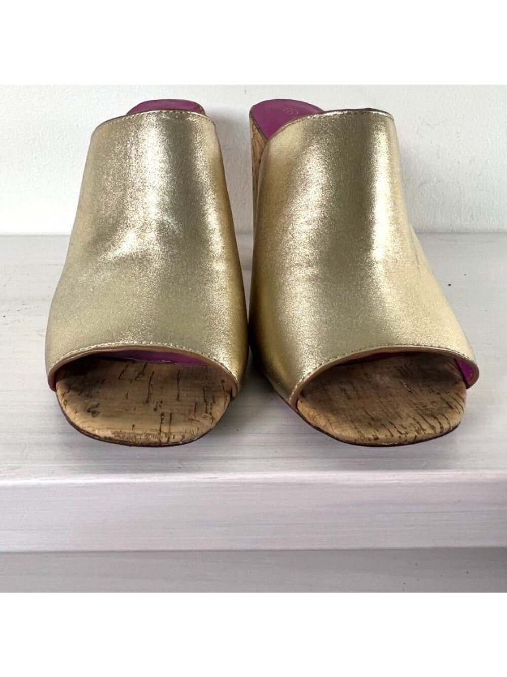 Trina Turk Gold Metallic Leather Cork Block Heel Peep Toe Mule Slides 9M Resort - Picture 5 of 13